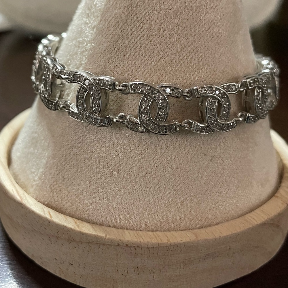 Vintage Silver Interlocking C Rhinestone Link Bra… - image 2